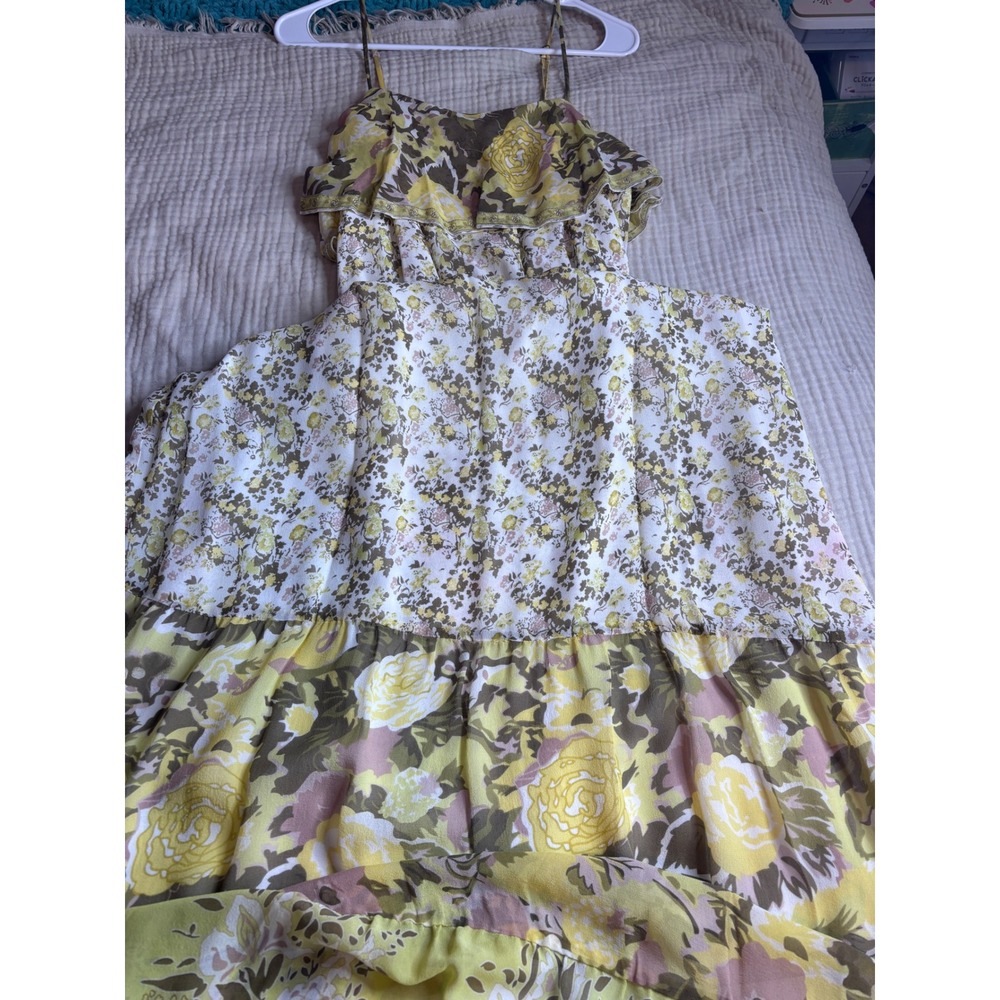 Joie Silk Mixed Floral Print Tiered Maxi Dress Yellow Green Brown Size Med - Picture 3 of 12